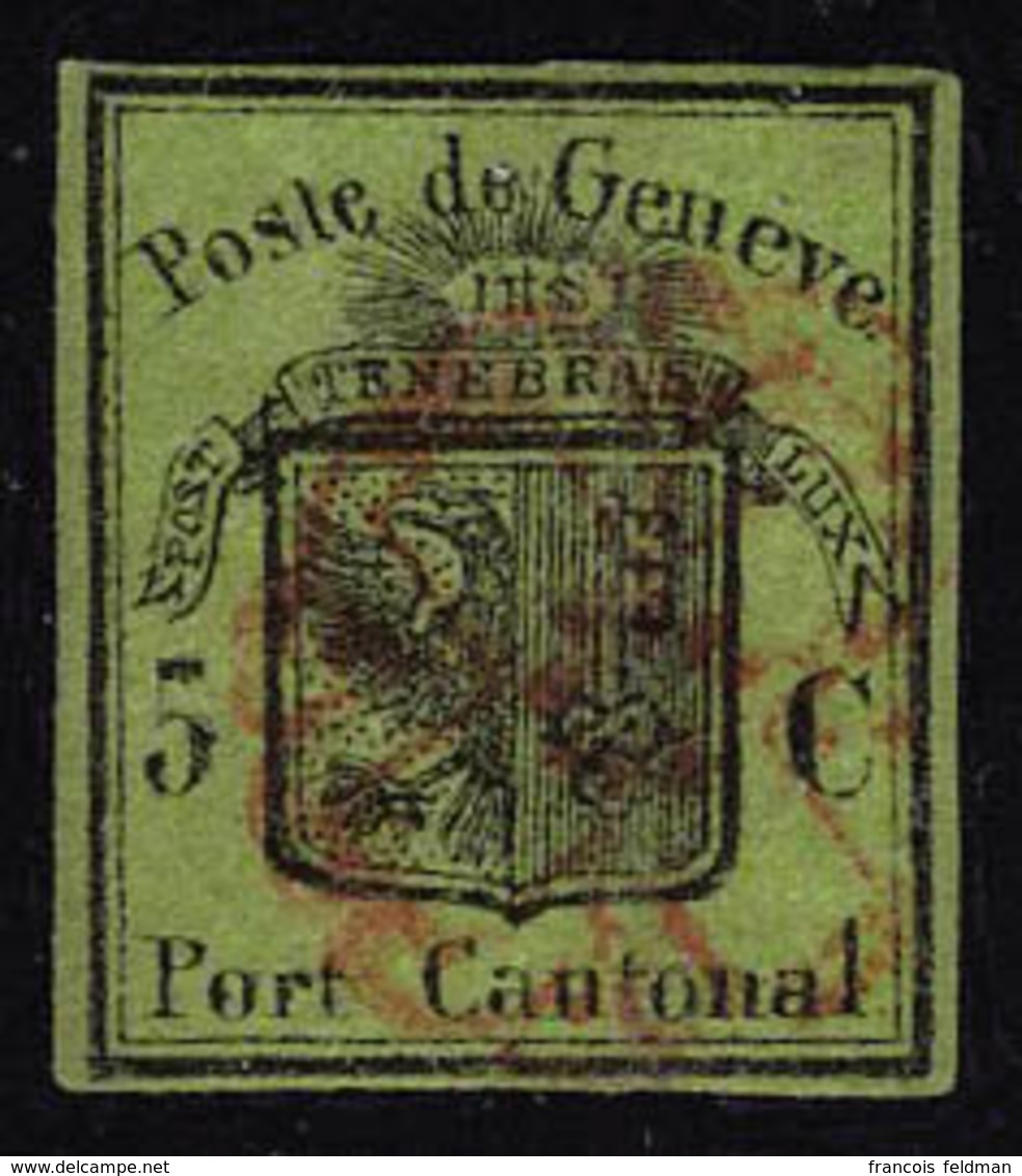 Oblitéré N° 3, 5c Noir Sur Vert, Port Cantonal Réparé, Aspect T.B. - Altri & Non Classificati