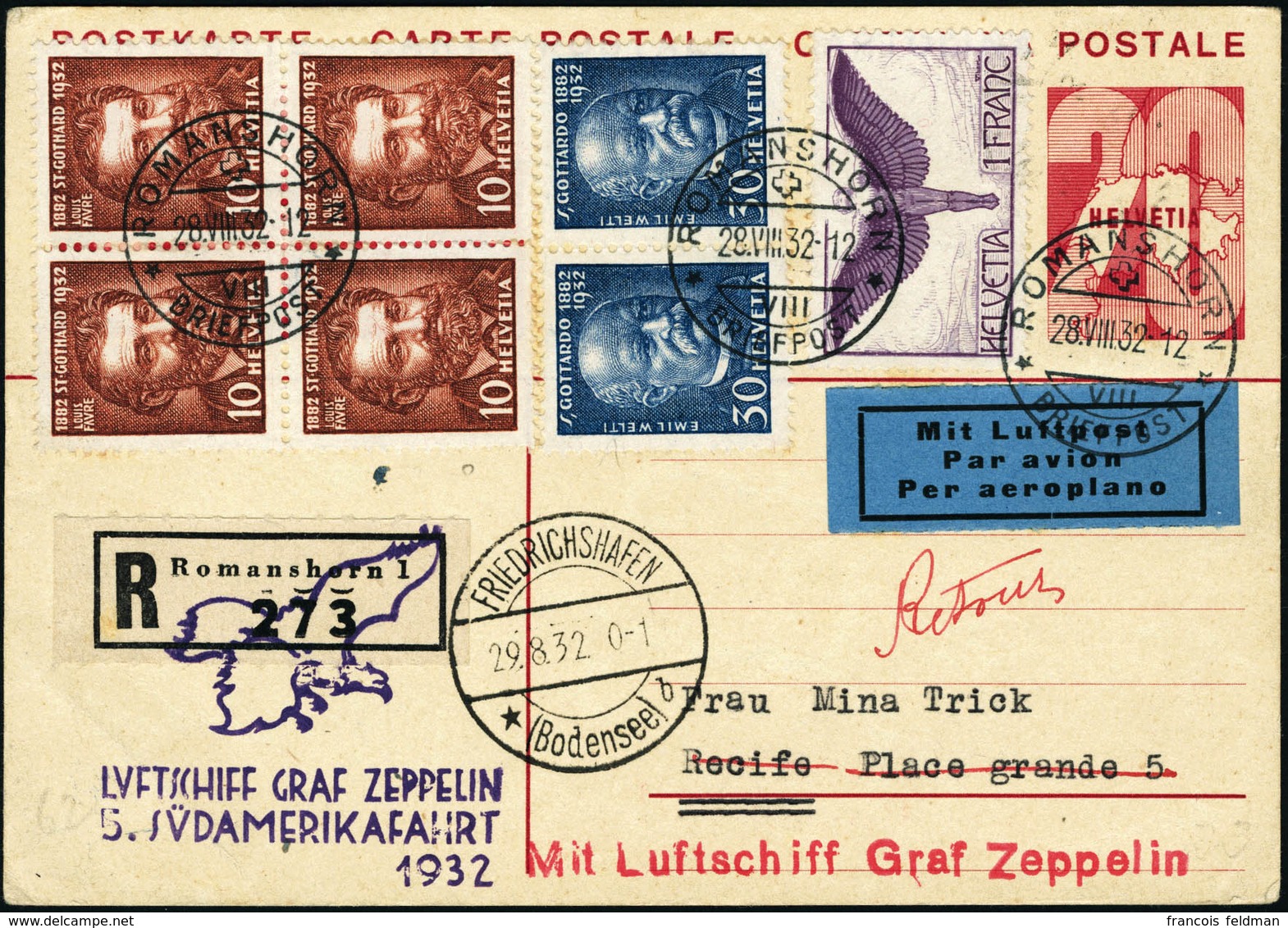 Lettre ZEPPELIN 5ème S.A.F 1932 S/C.P. CàD Romanshorn 28.VIII.32 CàD De Transit Et Friedrichshafen 29.8.32 Pour Recife.  - Altri & Non Classificati