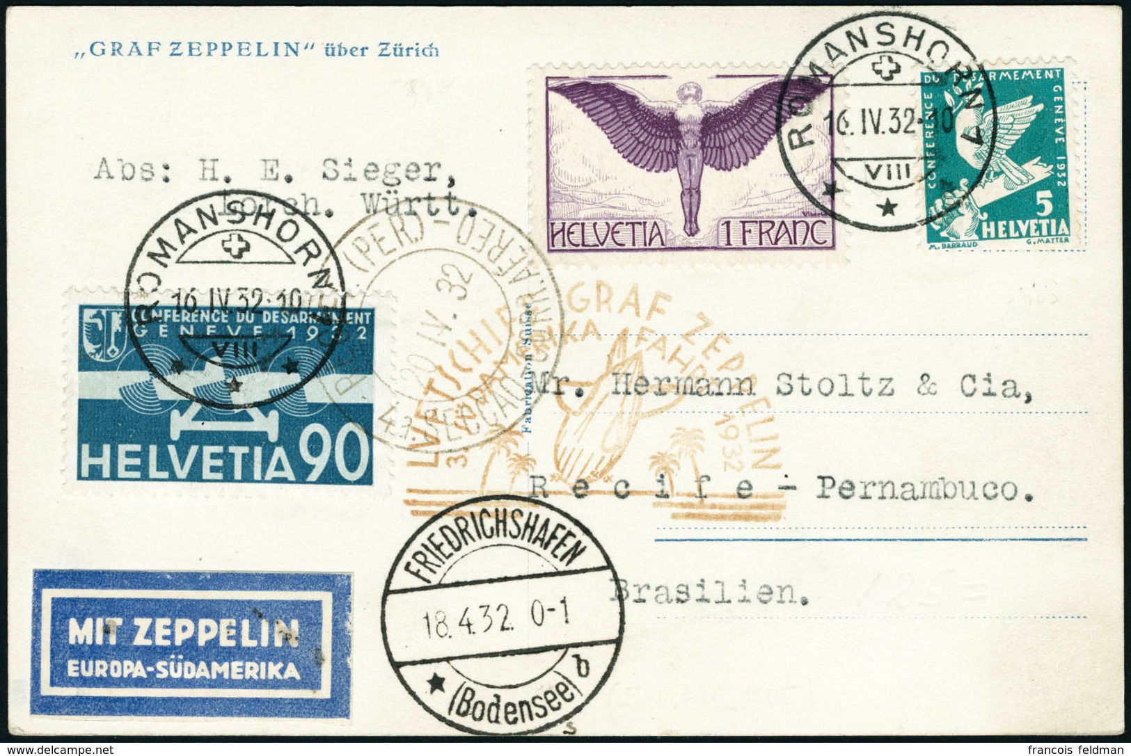 Lettre Zeppelin 3è SAF 1932. C.P. Illustrée (Zeppelin über Zürich). CàD Romanshorn 16.IV.32, Pour Récife. CàD De Transit - Sonstige & Ohne Zuordnung
