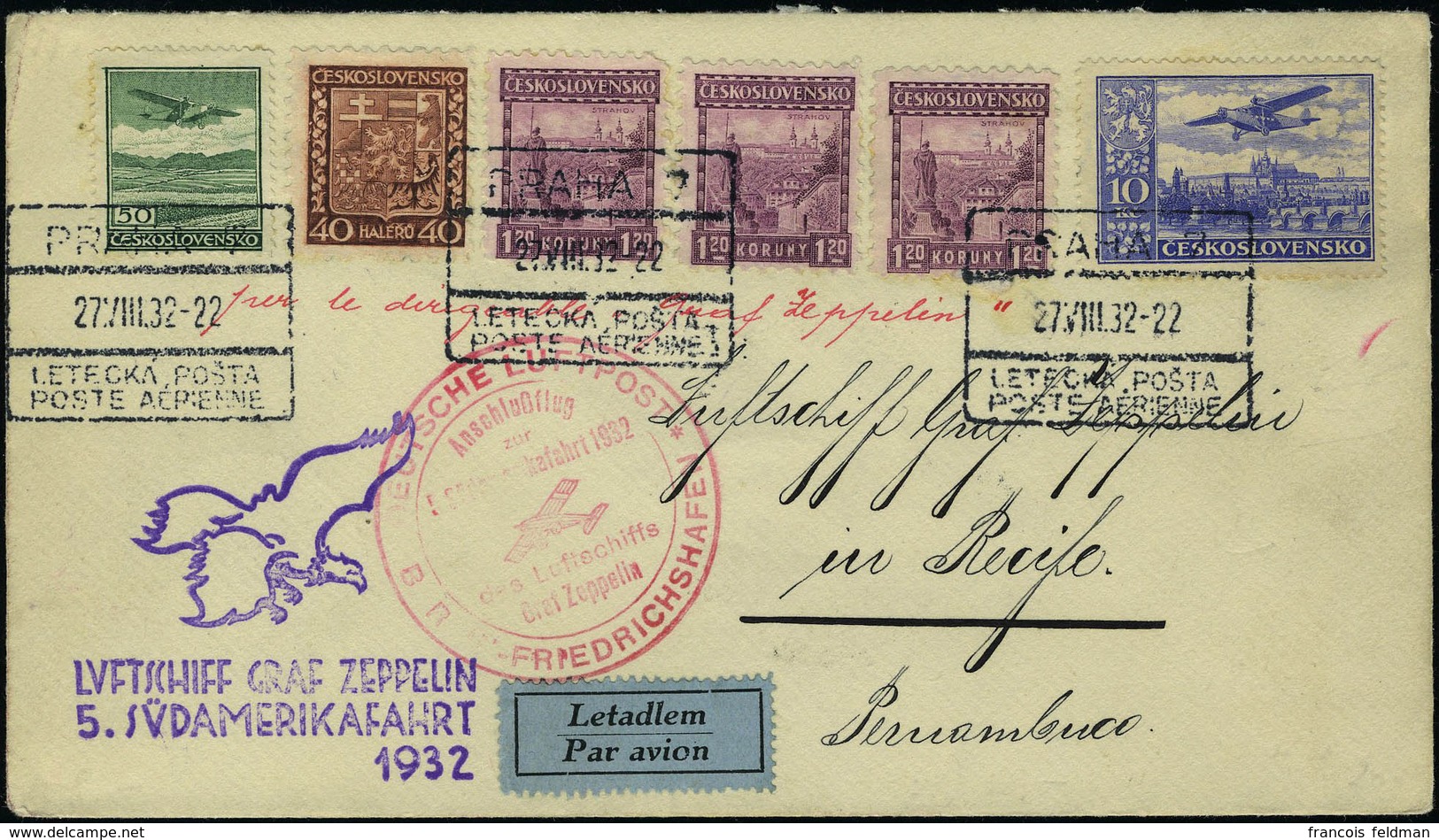 Lettre Zeppelin 5è SAF 1932 Prag 27/8/32 Pour Récife Brésil, Arrivée 1.9.32, T.B. - Altri & Non Classificati