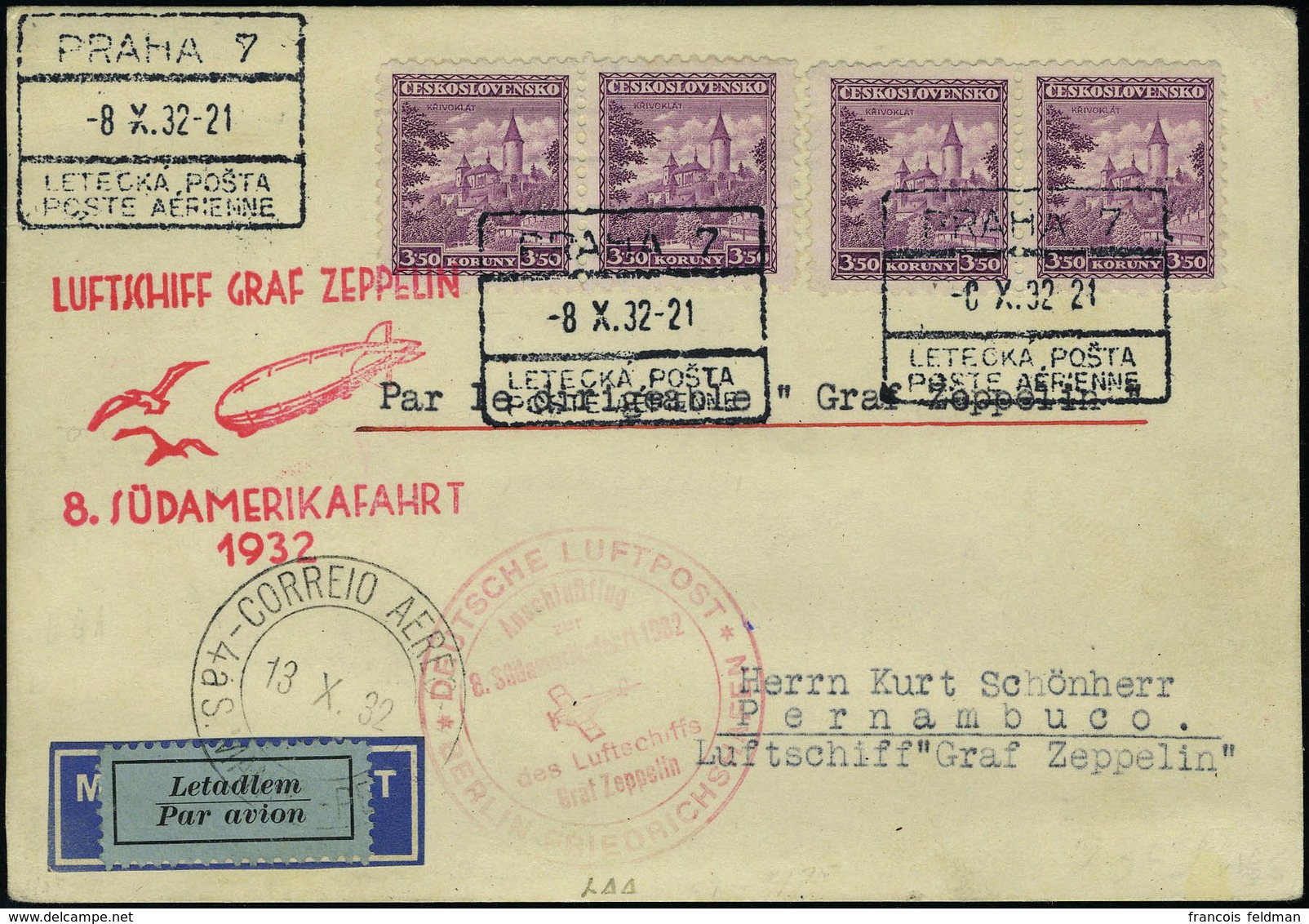 Lettre Zeppelin 8è SAF 1932 Prag 8.10.32 Pour Pernambuco, Arrivée 13.10.32 T.B. - Altri & Non Classificati