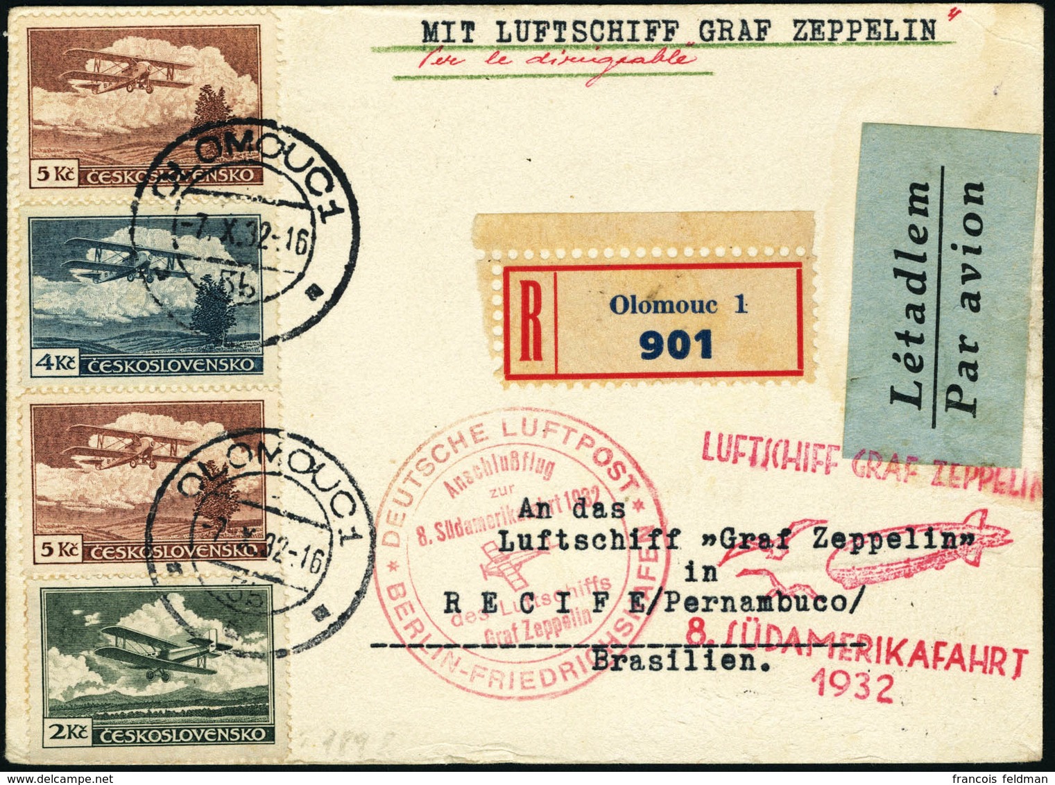 Lettre ZEPPELIN 8ème S.A.F 1932. LR D'Olomouc (7.X.32) Pour Recife-Pernambuco (Brésil). Arrivée Le 13.X.32. T.B. - Sonstige & Ohne Zuordnung