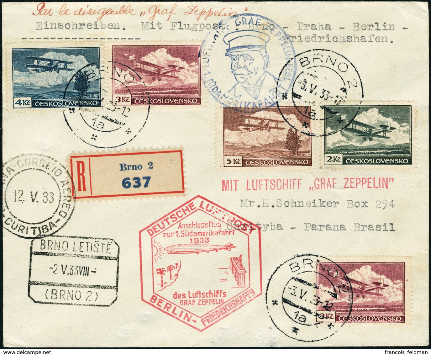 Lettre Zeppelin 1er SAF 1933. L.R. De Brno (3.V.33). Au Verso CàD De Transit Praha 3.V.33, Pour Curityba. Arrivée 12.V.3 - Sonstige & Ohne Zuordnung