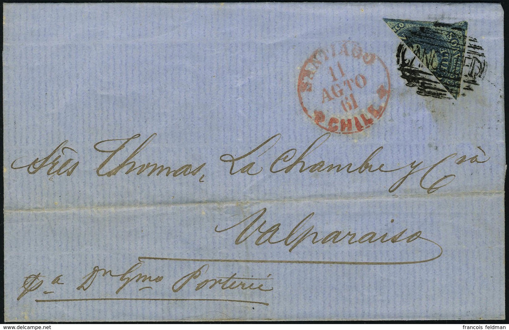 Lettre N° 6, Moitié De 10c   Bleu Obl Sur L 18 Aug 61 Pour Valparaiso T.B. - Altri & Non Classificati