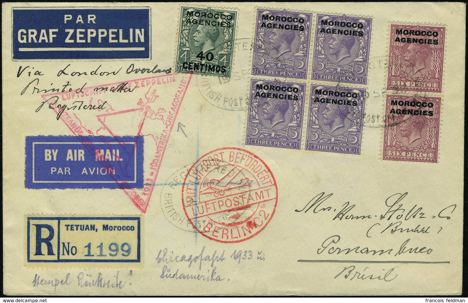 Lettre Zeppelin SAF Chicagofahrt 1933, LR De Tetuan 19 Sp 1933 Pour Pernambuco, Au Cerso Cachet Rouge Illustré Berlin Fr - Altri & Non Classificati