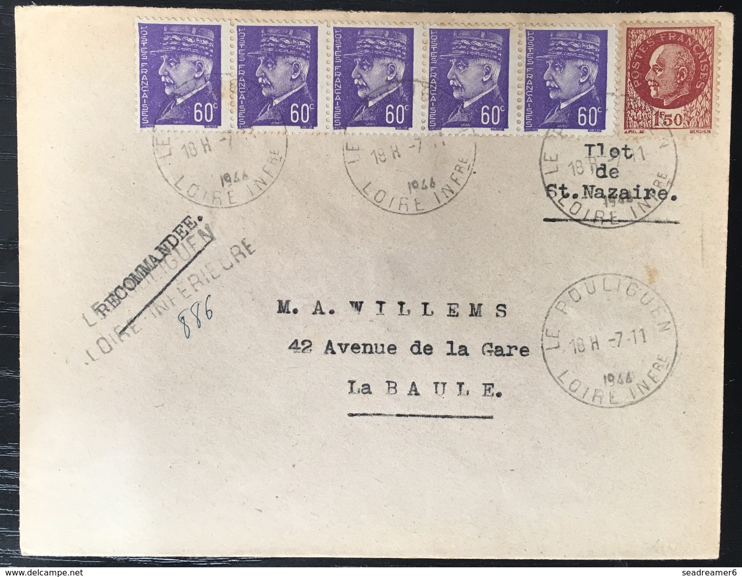 France ILOT DE SAINT NAZAIRE / POCHE DE L'ATLANTIQUE - 1945 - ENVELOPPE RECOMMANDEE Du Pouliguen - Kriegsmarken