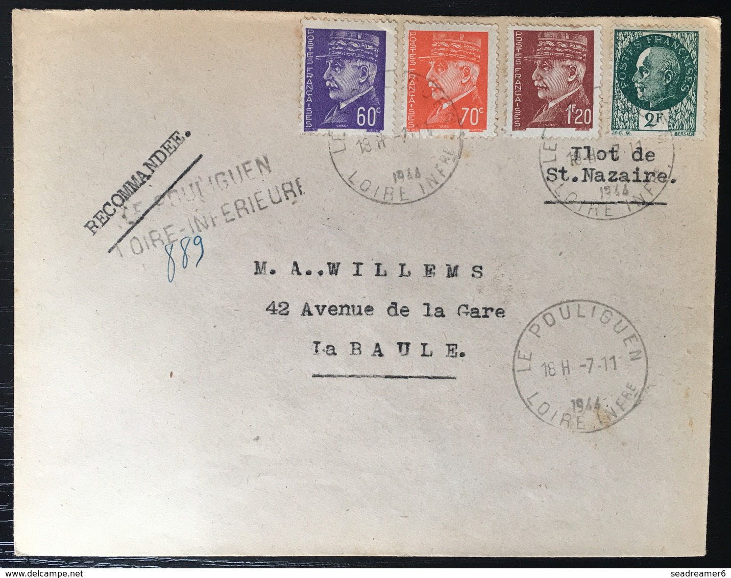 France ILOT DE SAINT NAZAIRE / POCHE DE L'ATLANTIQUE - 1945 - ENVELOPPE RECOMMANDEE Du Pouliguen - War Stamps