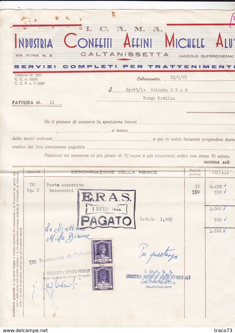 CALTANISSETTA  /  Fattura  -  Industria  Confetti Affini Michele " Michele ALU'  " _ 1961 - Italia