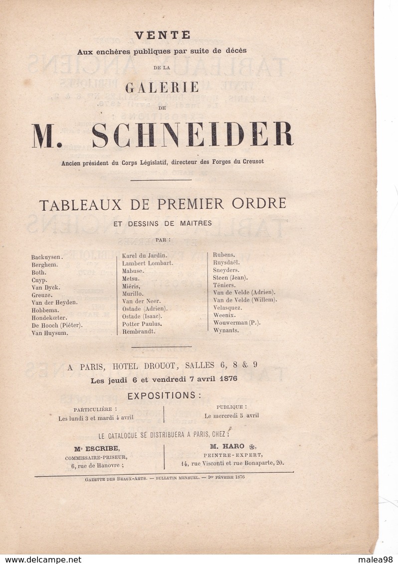 VENTE AUX ENCHERES A  DROUOT   1876,, De La  GALERIE DE M.  SCHNEIDER ,DIRECTEUR DES  FORGES CREUSOT ,,,,_ - Autres & Non Classés