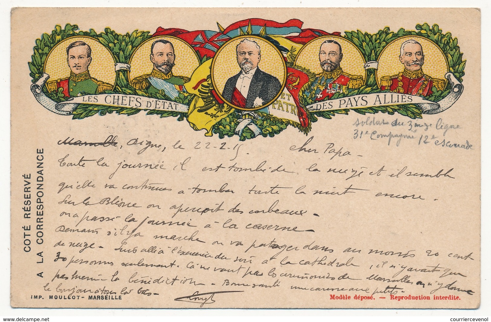 CP De Franchise Militaire, édition Privée, "Les Chefs D'Etat Des Pays Alliés" Depuis Digne - 1915 - Lettres & Documents