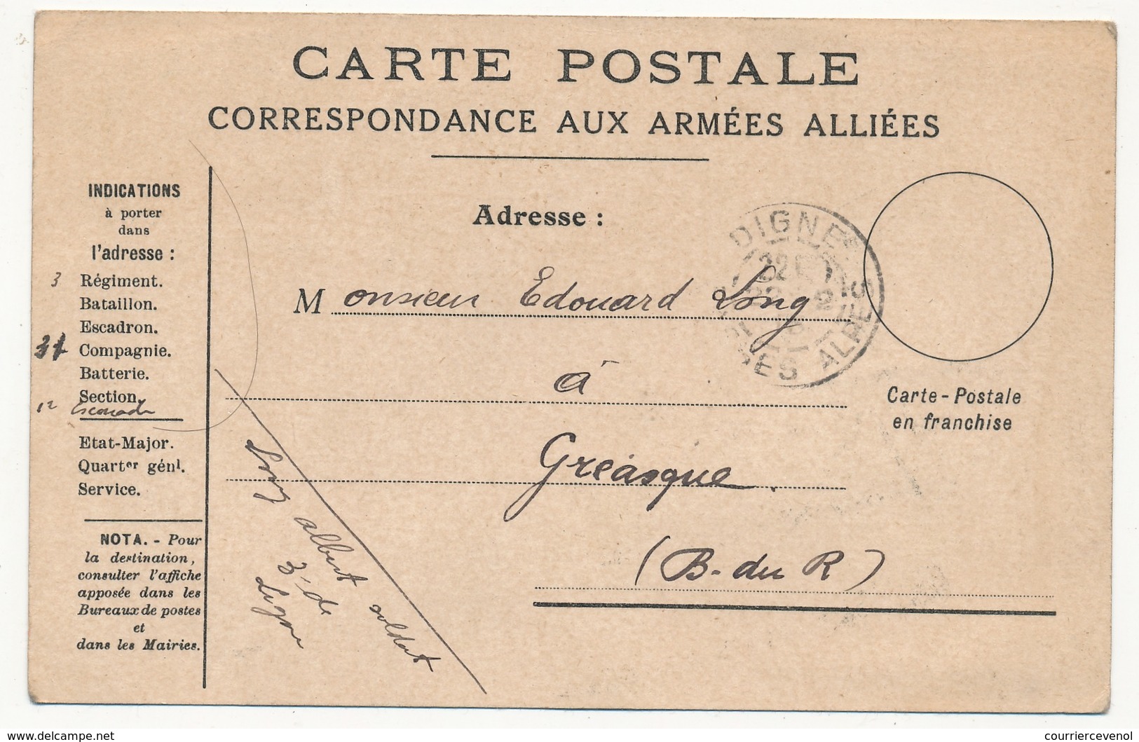 CP De Franchise Militaire, édition Privée, "Les Chefs D'Etat Des Pays Alliés" Depuis Digne - 1915 - Lettres & Documents