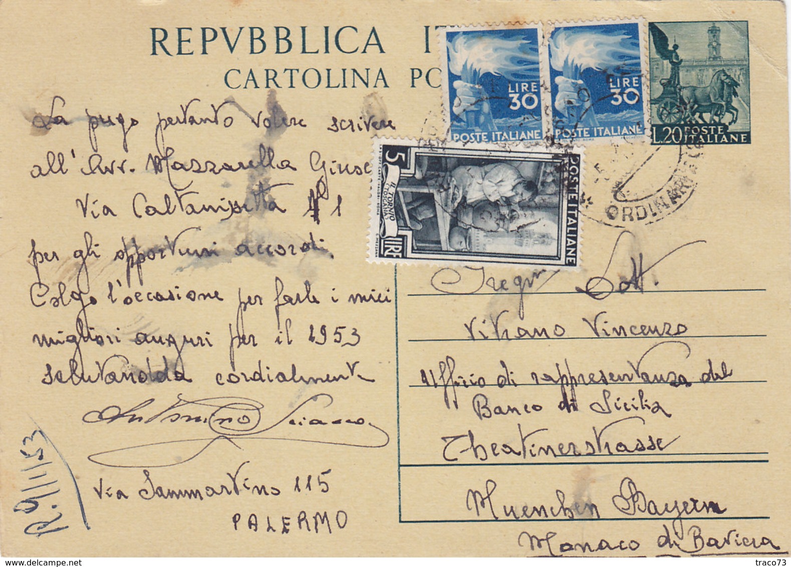 ITALIA  _ 1953 /  GERMANIA - Card _ Cartolina Da Lire 20 + Fiaccola Lire 30 X 2 + 5 Italia Al Lavoro - 1946-60: Poststempel