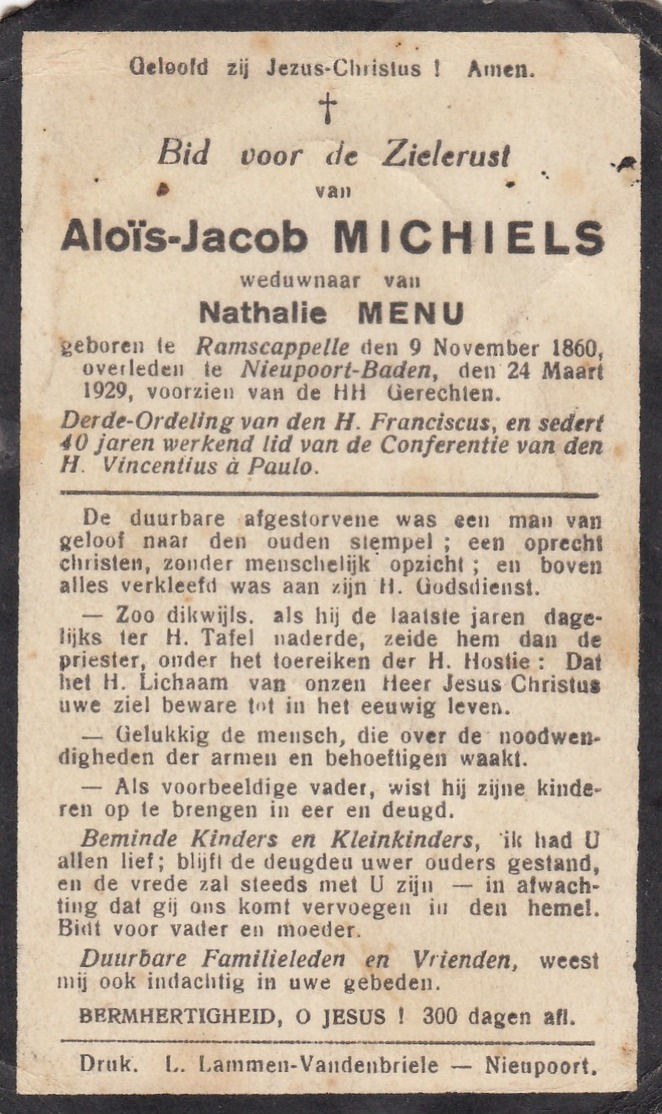 Michiels Alois,Jacob - Menu Nathalie ° Ramskapelle 1860 + Nieuwpoort 1929    Lot 752 - Devotion Images