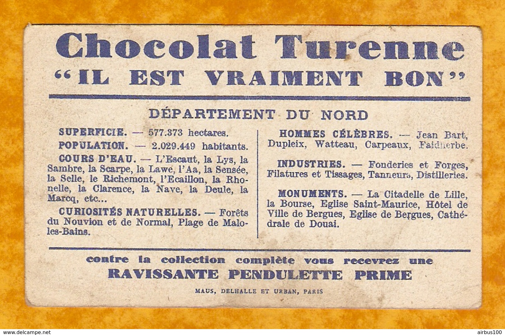 CHROMO IMAGE CHOCOLAT TURENNE DÉPARTEMENT DU NORD ( 59 ) - LILLE HAZEBROUCK BÉTISES CAMBRAI MINE - Autres & Non Classés