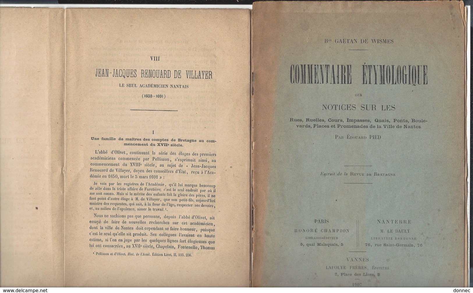 ( Nantes - Patrimoine ) Baron Gaëtan De Wismes Commentaire Etymologique - Renouard De Villayer Académicien - Autres & Non Classés