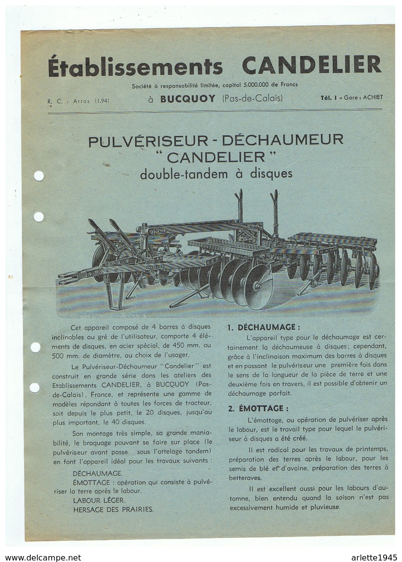 ETABLISSEMENT CANDELIER à BUCQUOY ( PDC) PULVERISEUR  DECHAUMEUR 1953 - Publicités