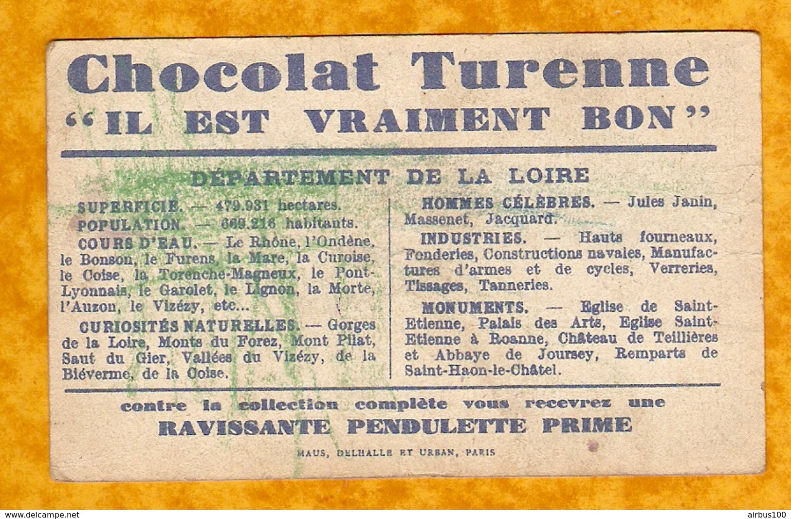 CHROMO IMAGE CHOCOLAT TURENNE DÉPARTEMENT LOIRE ( 42 ) - St ÉTIENNE MONTBRISON ROANNE St GALMIER - Autres & Non Classés