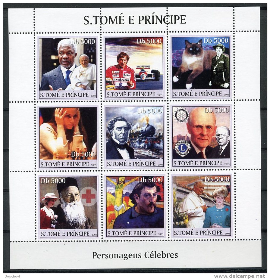 Sao Tome And Principe, 2003, United Nations, Kofi Annan, Pope, Senna, F1 Racing, Dunant, Red Cross, Lady Di, Train, MNH - Sao Tome Et Principe