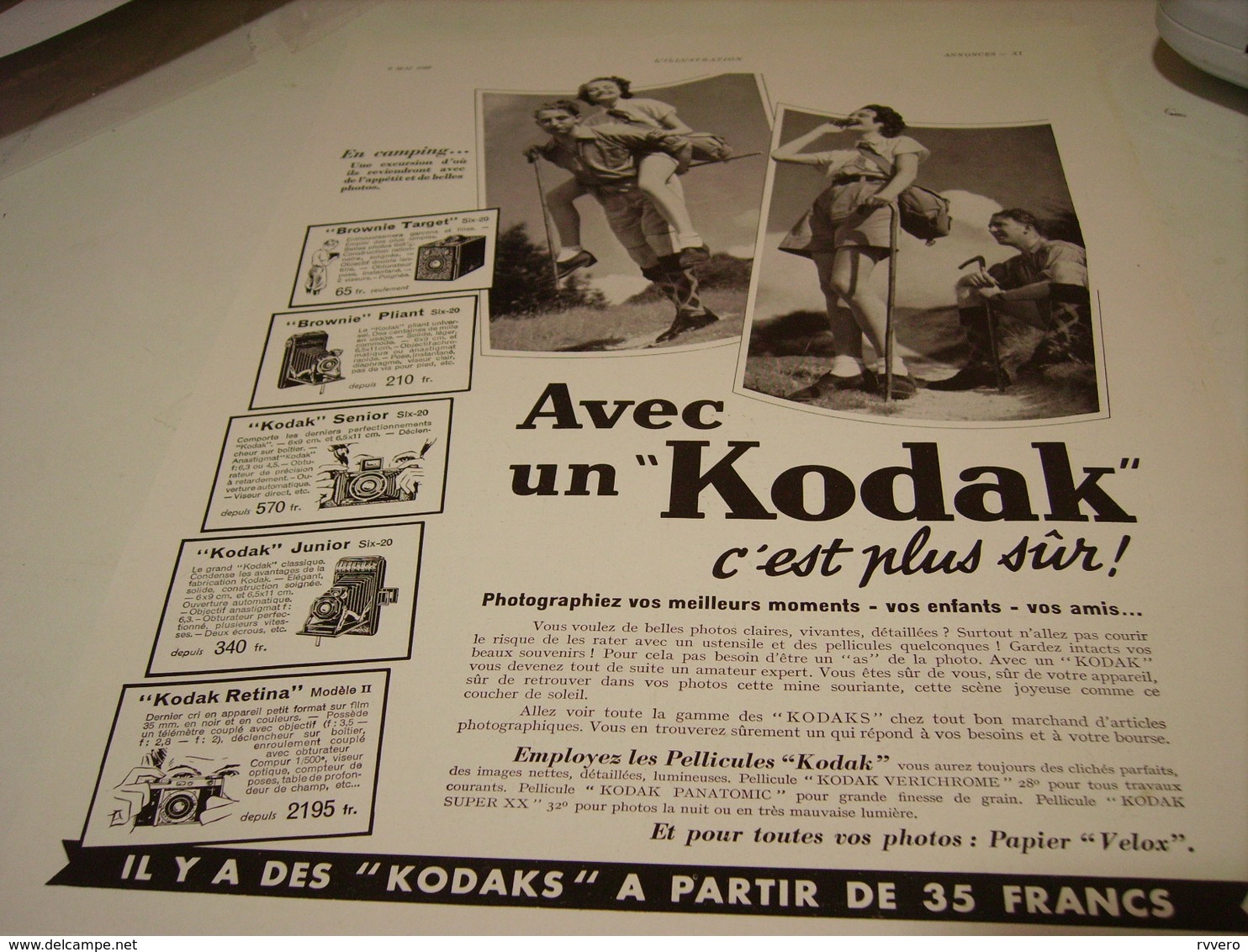 ANCIENNE   PUBLICITE EN CAMPING CINE-KODAK HUIT 1939 - Other & Unclassified