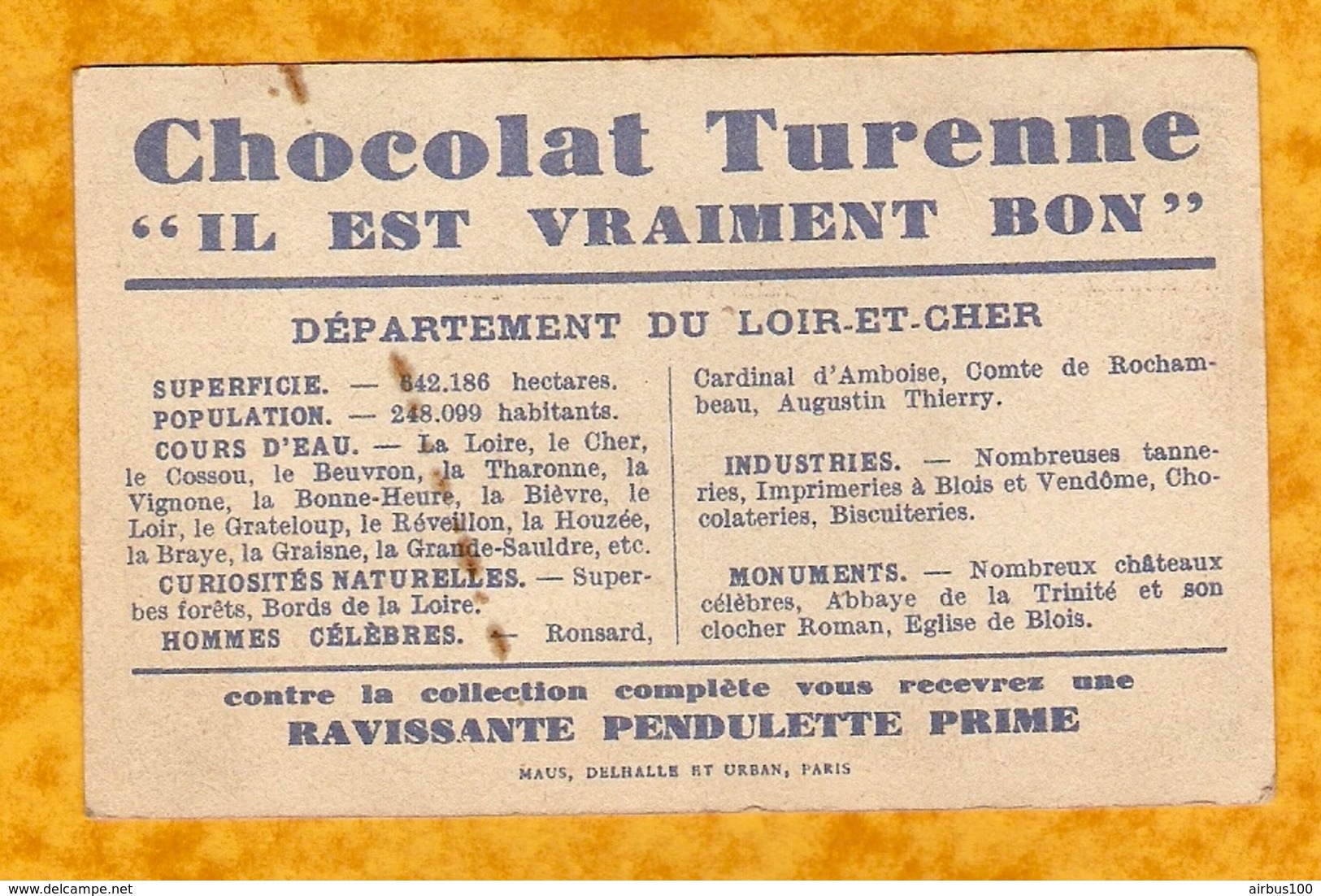 CHROMO IMAGE CHOCOLAT TURENNE DÉPARTEMENT LOIR ET CHER ( 41 ) -BLOIS ROMORANTIN VENDOME MORÉE - Autres & Non Classés