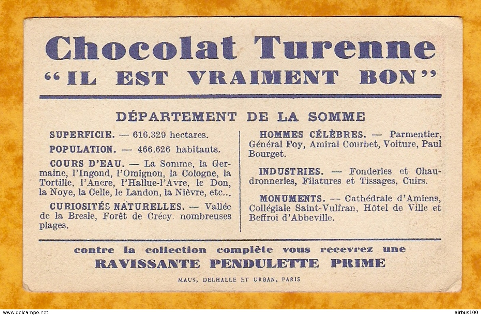 CHROMO IMAGE CHOCOLAT TURENNE DÉPARTEMENT SOMME ( 80 ) - AMIENS DOULLENS ABBEVILLE PERONNE MOREUIL - Autres & Non Classés