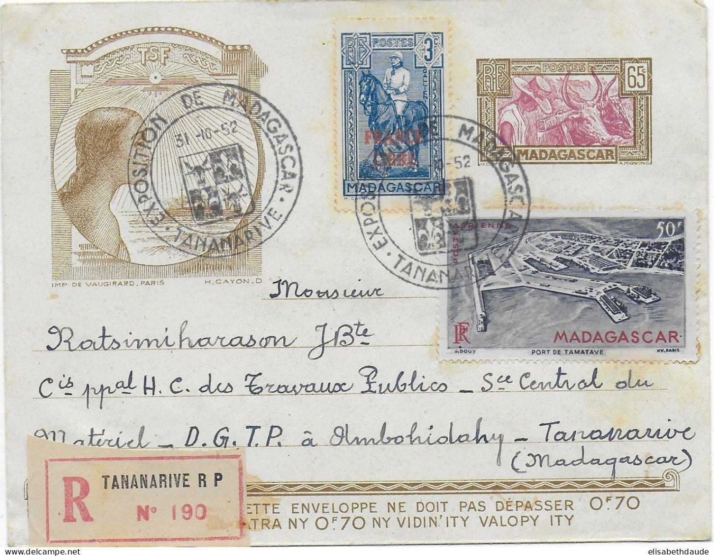 MADAGASCAR - ENVELOPPE ENTIER POSTAL (1938) RECOMMANDEE Avec RARE FRANCE LIBRE YT 243 (COTE = 185 EUR) VOYAGEE En 1952.. - Cartas & Documentos