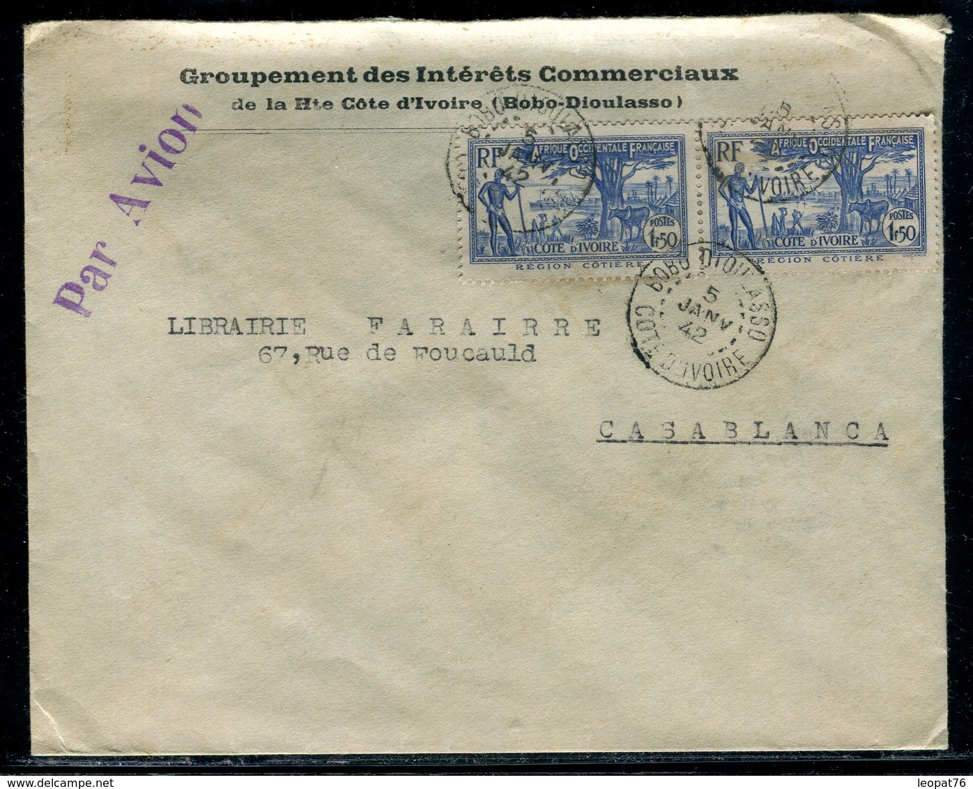 Cote D 'Ivoire - Enveloppe Commerciale De Bobo Dioulasso Pour Casablanca En 1942 Par Avion - Lettres & Documents