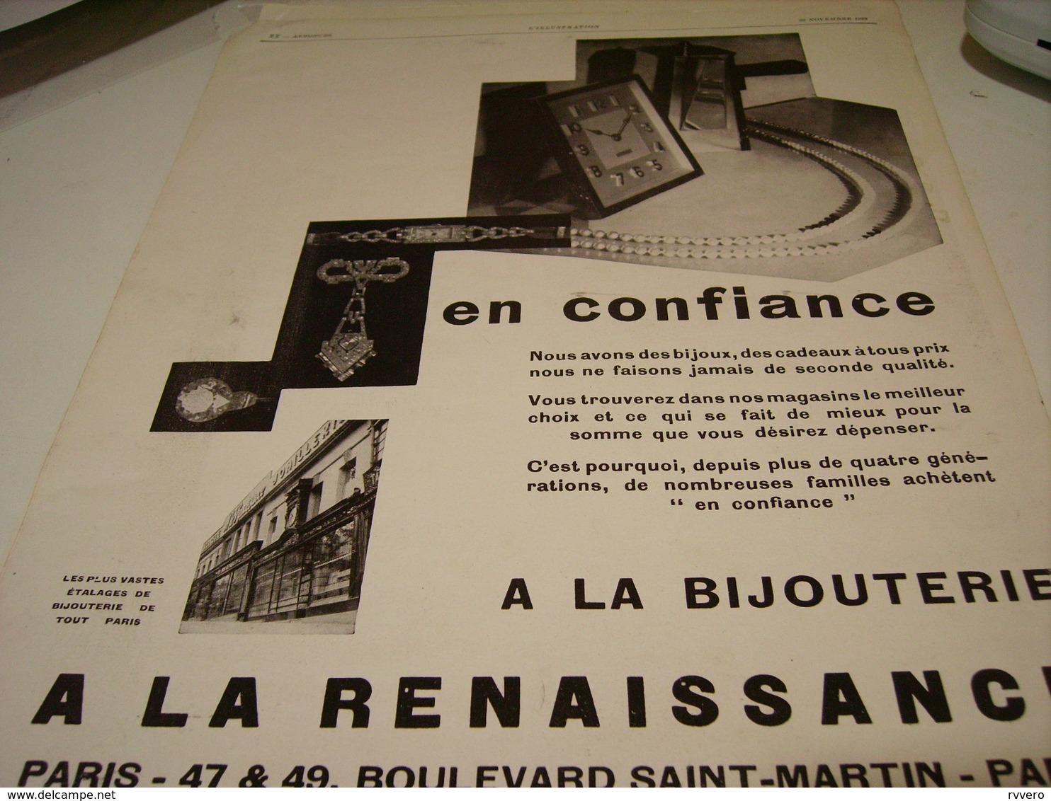 ANCIENNE PUBLICITE BIJOUTERIE A LA RENAISSANCE PARIS 1929 - Sonstige & Ohne Zuordnung