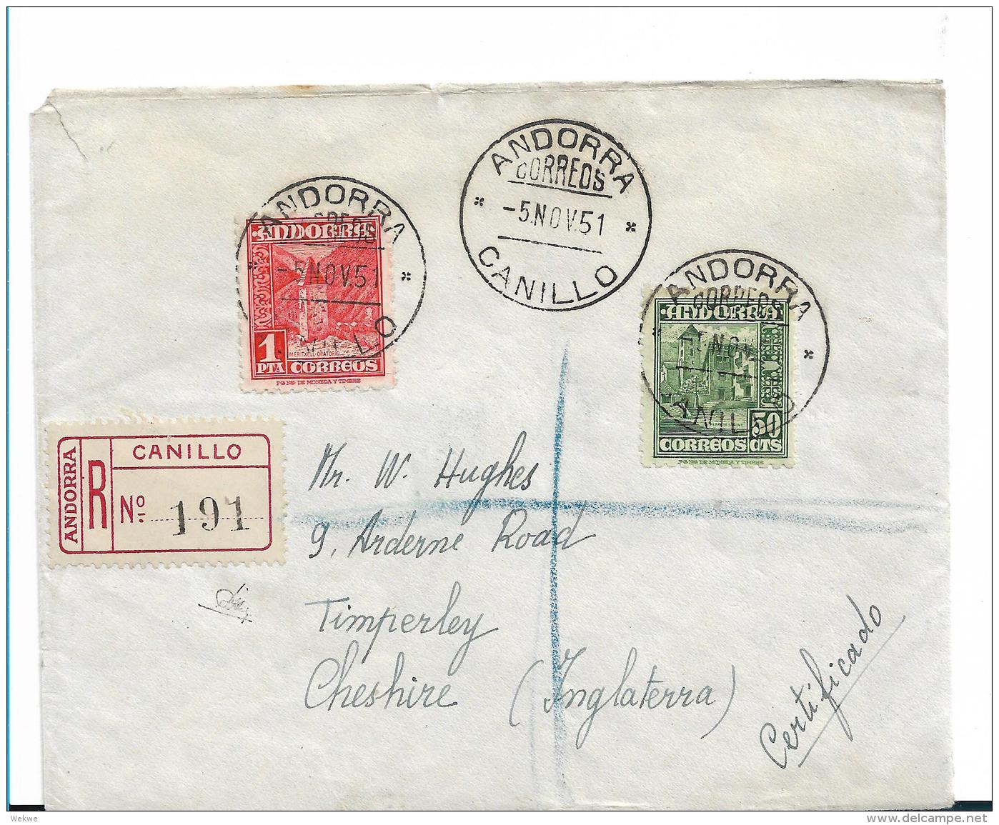 PAF004 /  Andorra, Postamt Canillo 1951, Einschreiben Nach England - Covers & Documents