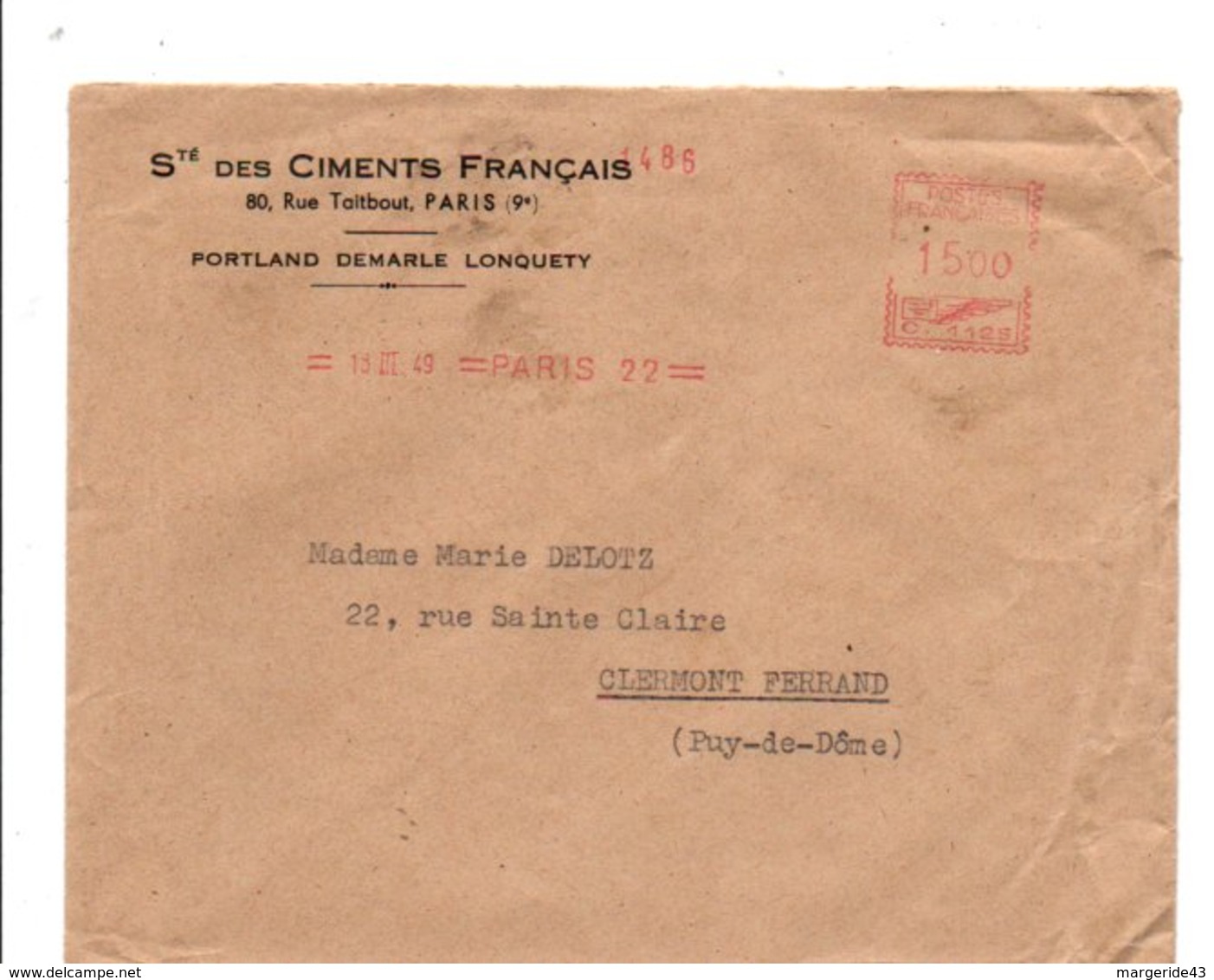 EMA SUR LETTRE A EN TETE DE PARIS 22 DU 18/3/1949 - EMA (Printer Machine)