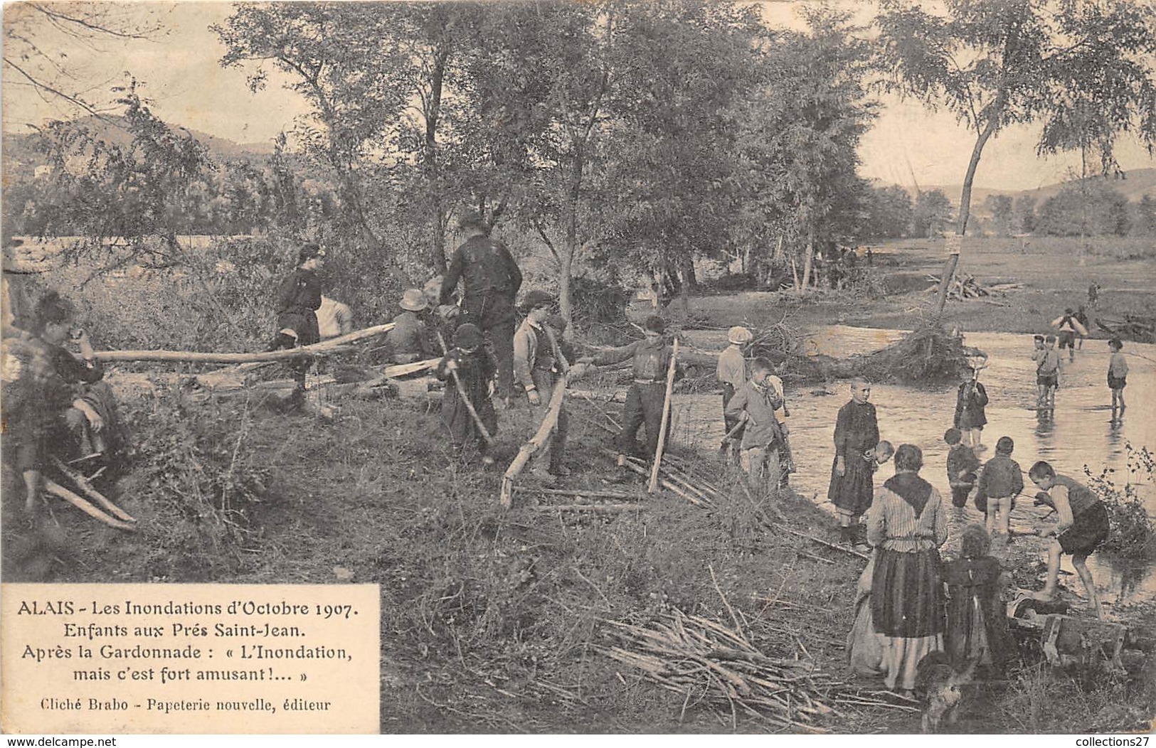 30-ALAIS- LES INONDATION D'OCTOBRE 1907, ENFANTS AUX PRES-SAINT-JEAN- APRES LA GARDONNADE - Alès