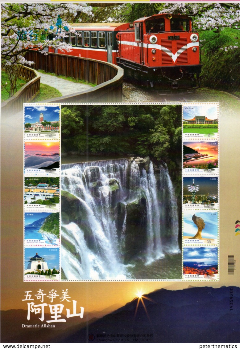 TAIWAN, MNH, PERSONALIZED STAMPS, ALISHAN, TRAINS, WATERFALLS, MOUNTAINS, TOWERS, ROCK FORMATIONS, GEOLOGY, SHEETLET - Islands
