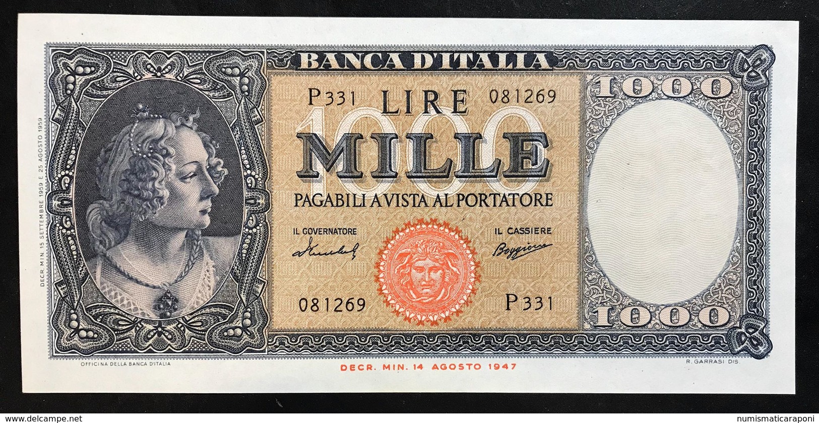 1000 LIRE ITALIA MEDUSA 15 09 1959 SUP/FDS ASTA 2137 - 1000 Lire
