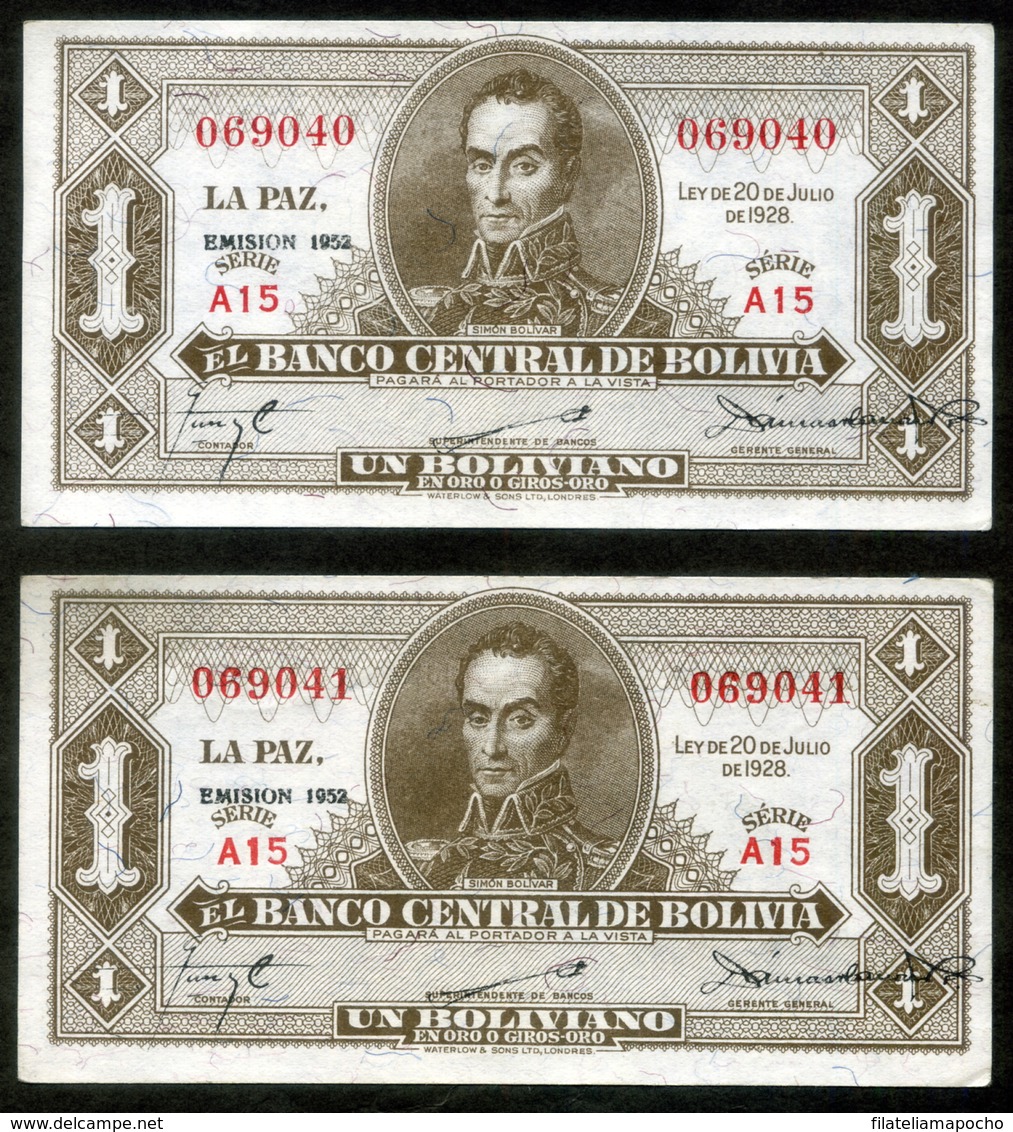 BOLIVIA BILLETES; 1928 - 1 BOLIVIANO “EMISIÓN 1952”. - Bolivia