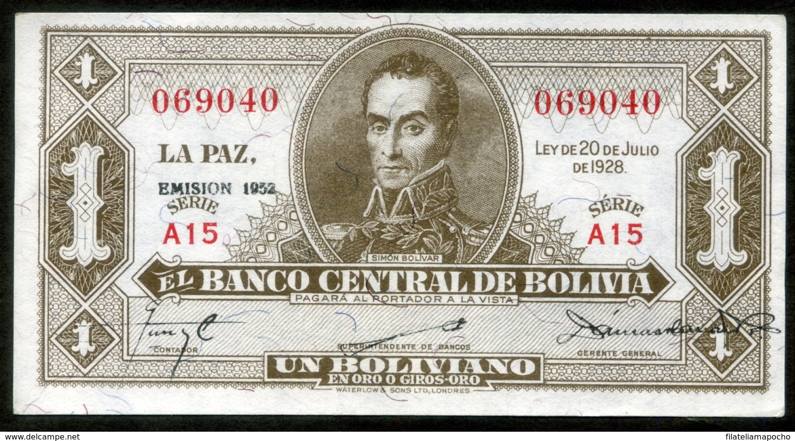 BOLIVIA BILLETES; 1928 - 1 BOLIVIANO “EMISIÓN 1952”. - Bolivie