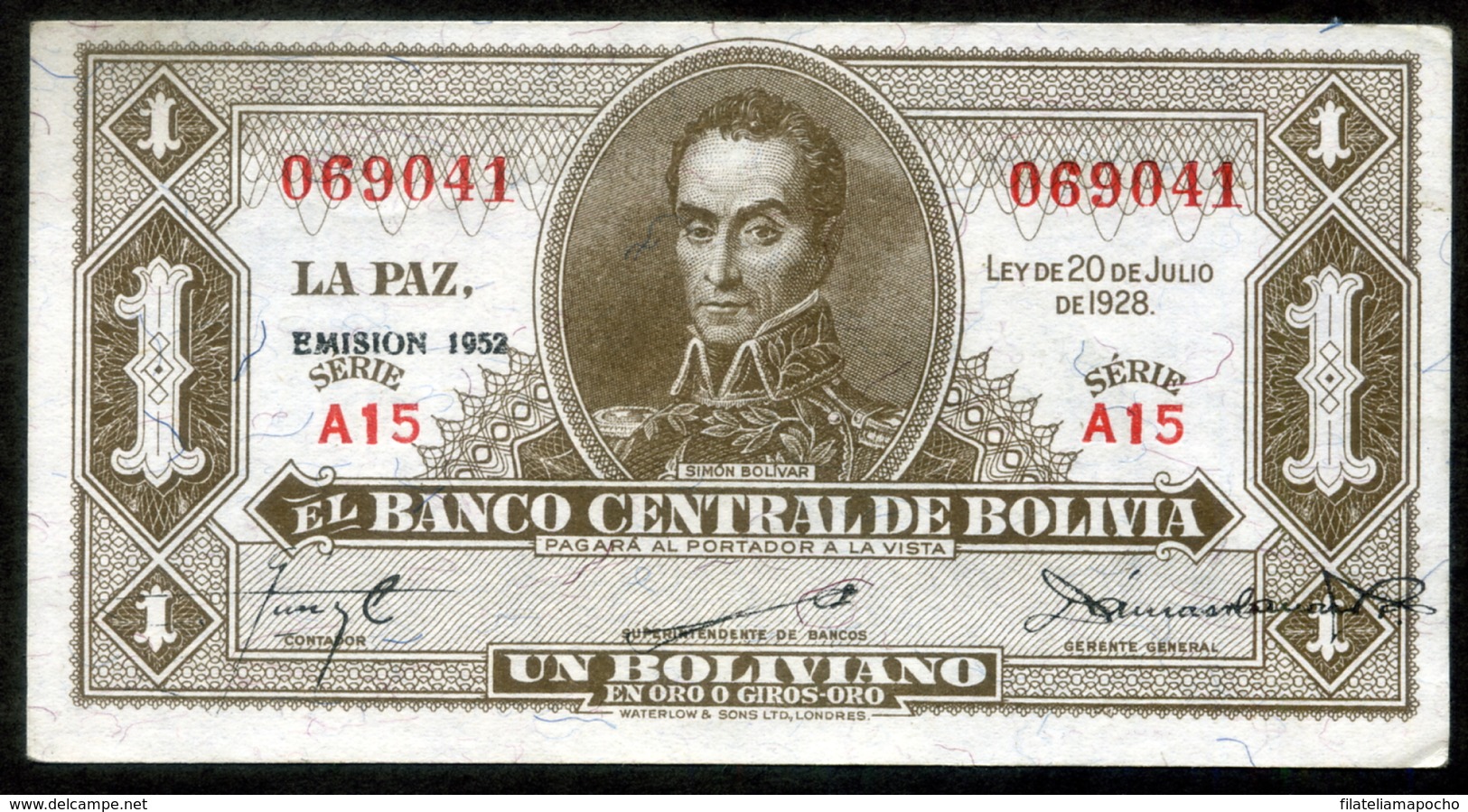 BOLIVIA BILLETES; 1928 - 1 BOLIVIANO “EMISIÓN 1952”. - Bolivia