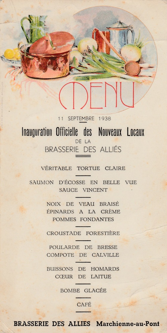 Menu ,Brasserie Des Alliés ,Marchienne-au-Pont ,Inauguration Des Nouveaux Locaux 11-9-1938,( Bière ,bières , Brasseur ) - Menus