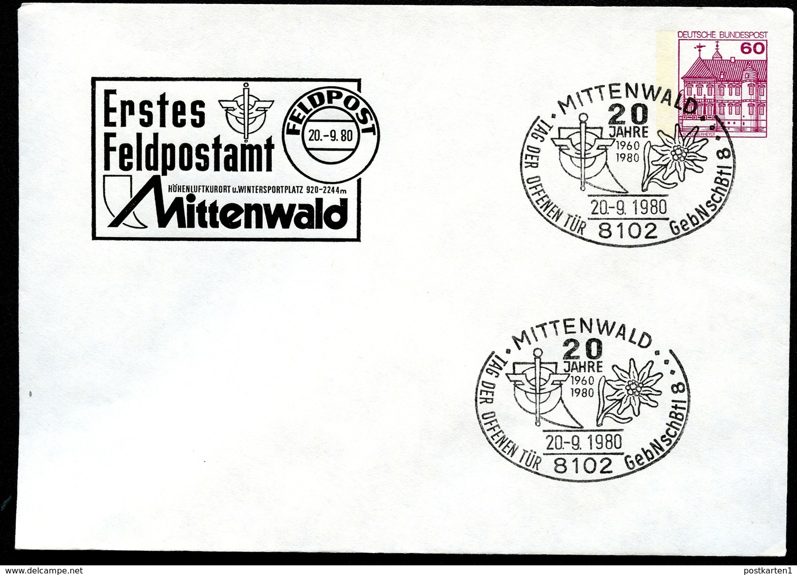 Bund PU115 D2/044 Privat-Umschlag ERSTES FELDPOSTAMT MITTENWALD Sost.1980 - Enveloppes Privées - Oblitérées