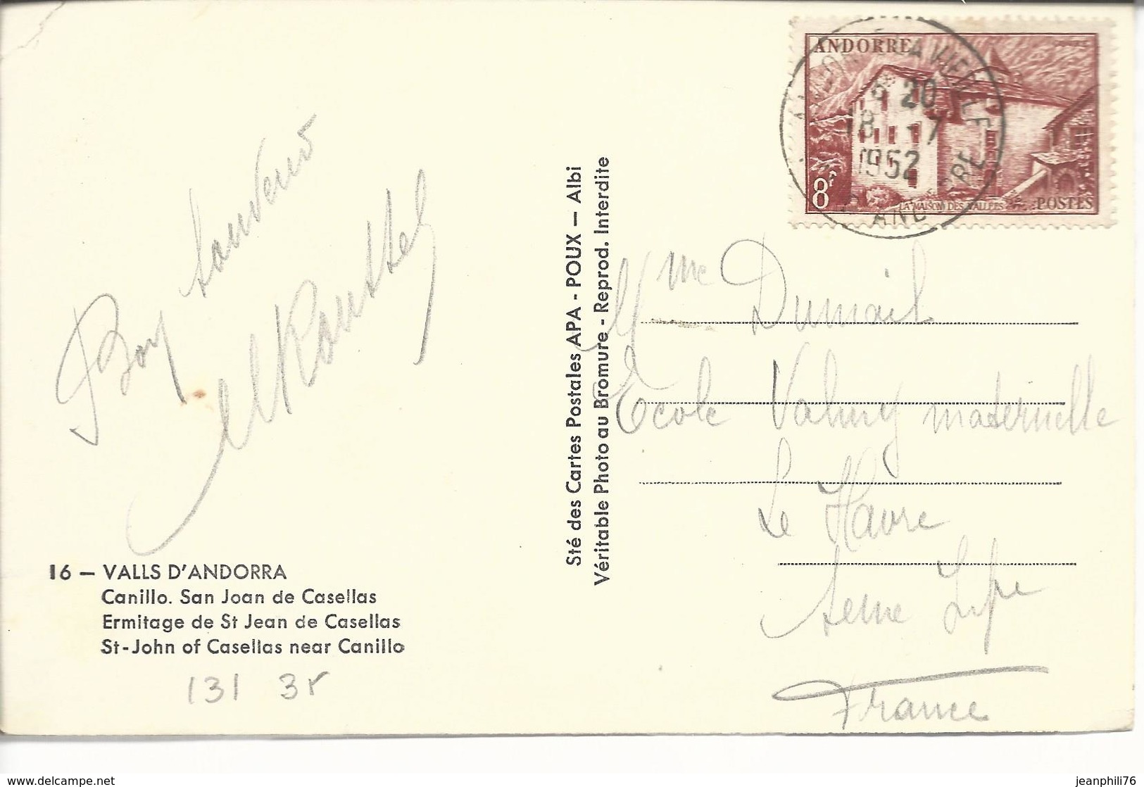 Sur Cpa Canillo St Jean De Caselles Timbre 131 Seul 1952 - Cartas & Documentos