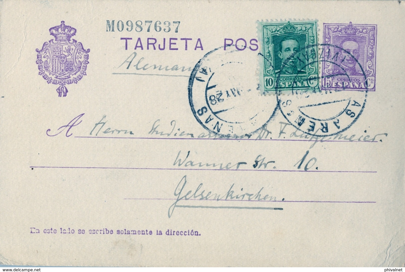 1928 , ENTERO POSTAL ED. 57 CIRCULADO , LAS ARENAS - GELSENKIRCHEN, FRANQUEO COMPLEMENTARIO - 1850-1931