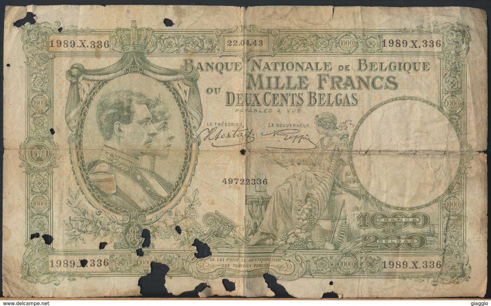 °°° BELGIO BELGIUM 1000 FRANCS 22/4/1943 °°° - 1000 Francos & 1000 Francos-200 Belgas