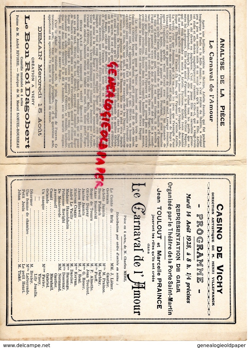 03 -VICHY -PROGRAMME THEATRE CASINO 1928-GALA THEATRE PORTE ST MARTIN PARIS-JEAN TOULOUT MARCELLE PRAINCE-CARNAVAL AMOUR - Programme