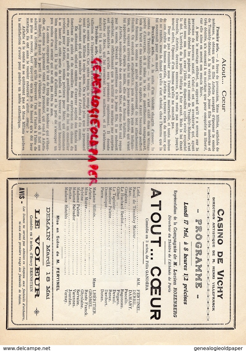 03 -VICHY-PROGRAMME THEATRE CASINO 1926-LUCIEN ROZENBERG THEATRE ATHENEE PARIS-ATOUT COEUR-FERTINEL-DERBIL-DAMARY-GROMEL - Programs