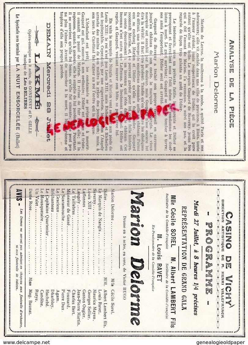 03 -VICHY-PROGRAMME THEATRE CASINO 1926-LAKME-MARION DELORME-CECILE SOREL-ALBERT LAMBERT-LOUIS RAVET-PIERRE DUX - Programs