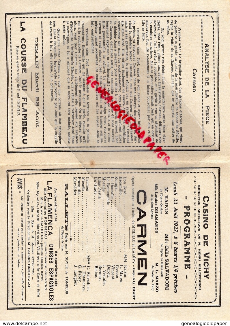 03 -VICHY-PROGRAMME THEATRE CASINO 1927-CARMEN BIZET- KAISIN OPERA- CELIA SALVADORI MONTE CARLO-LOUISE DHAMARYS-MARZO- - Programs