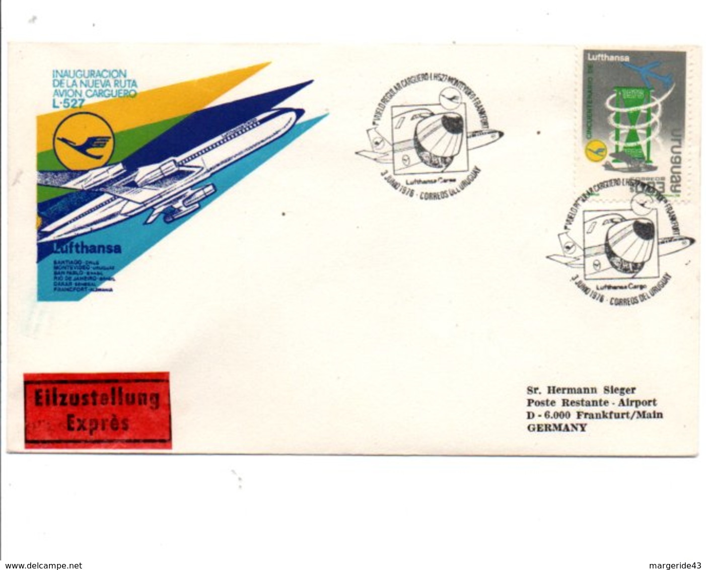 URUGUAY INAUGURATION VOL REGULIER CARGO LUFTHANSA MONTEVIDEO-FRANKFORT 1976 - Avions