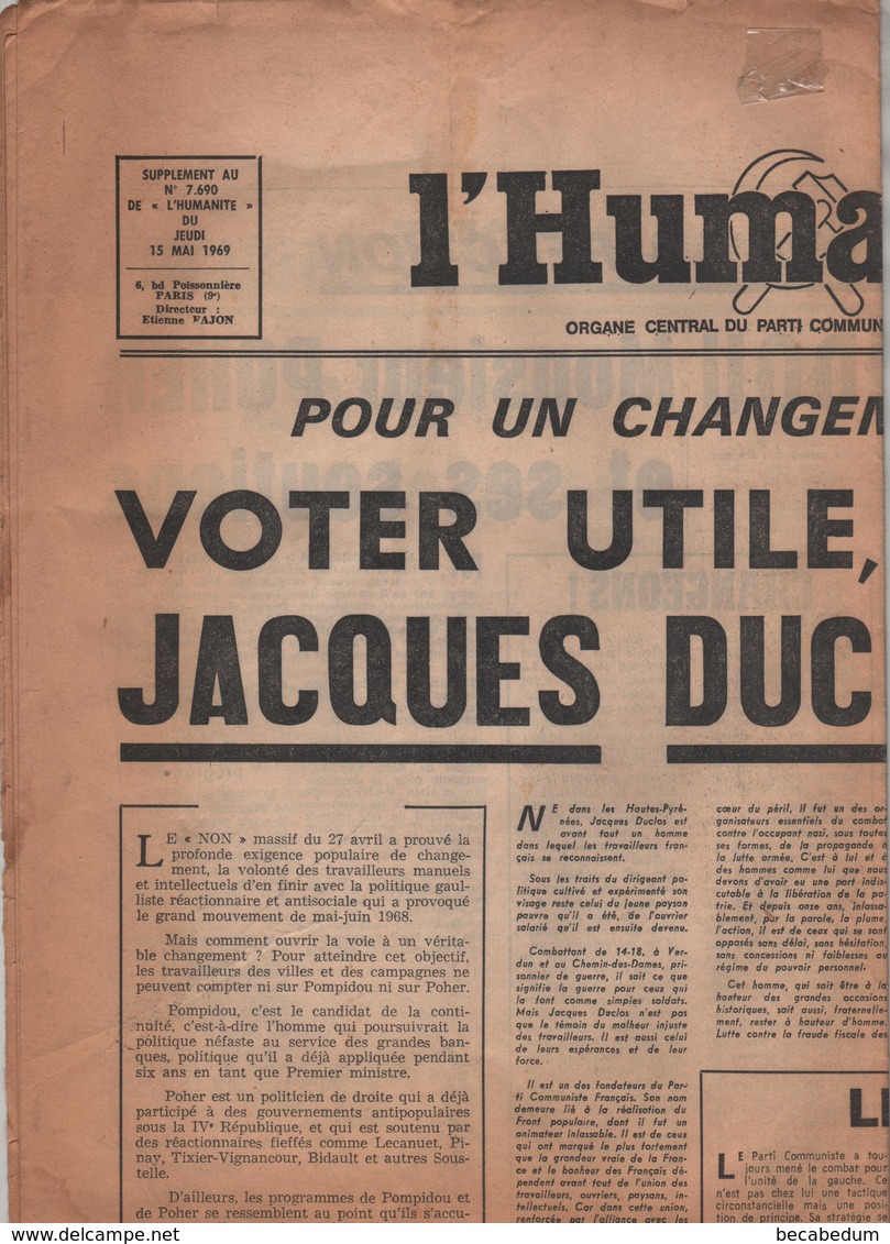 L'Humanité Jacques Duclos Supplément Jeudi 15 Mai 1969 - 1950 - Heute