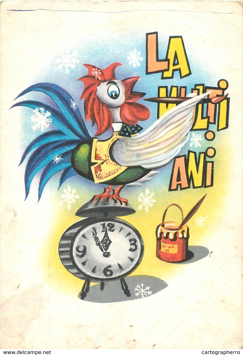 D1367 Romania Greetings " La Multi Ani ! " New Year Cock Clock Caricature - Anno Nuovo