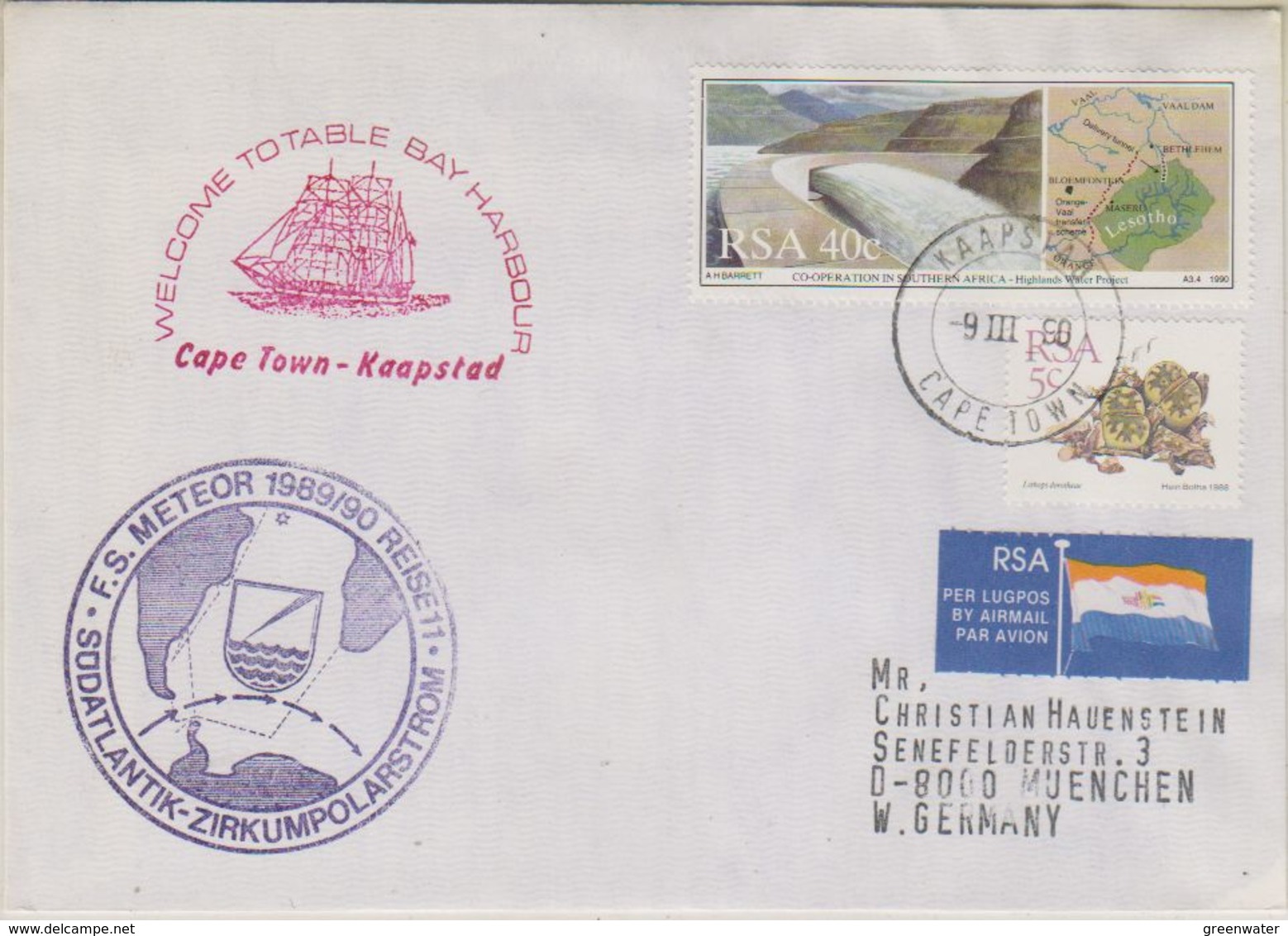 South Africa 1990 F.S. Meteor / Zirkumpolarstrom Cover Ca Cape Town 9 III 90 (39791) - Poolshepen & Ijsbrekers