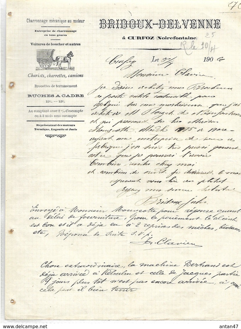 Facture Lettre 1906/ BELGIQUE / CURFOZ  NOIREFONTAINE / BRIDOUX-DELVENNE / Charonnage / Voitures De Boucher - Ambachten